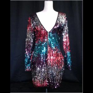 Multicolored Low V Neck Zip Front Dress
